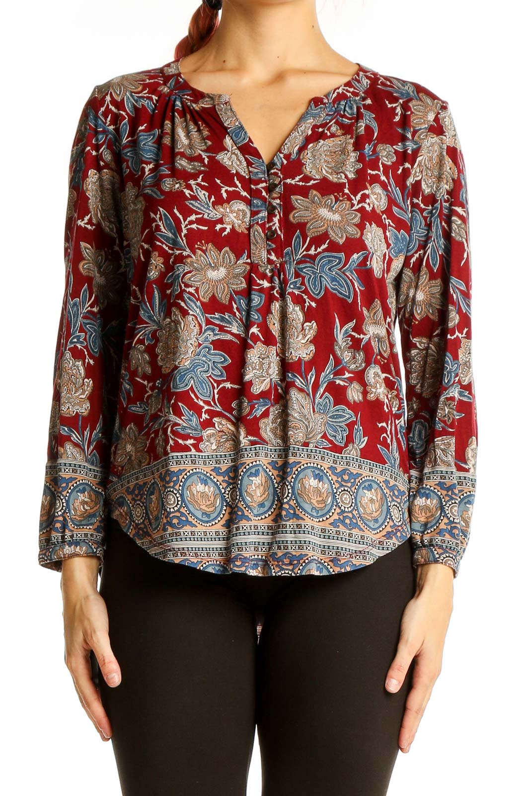 Front view of Lucky Brand red floral paisley blouse with button placket