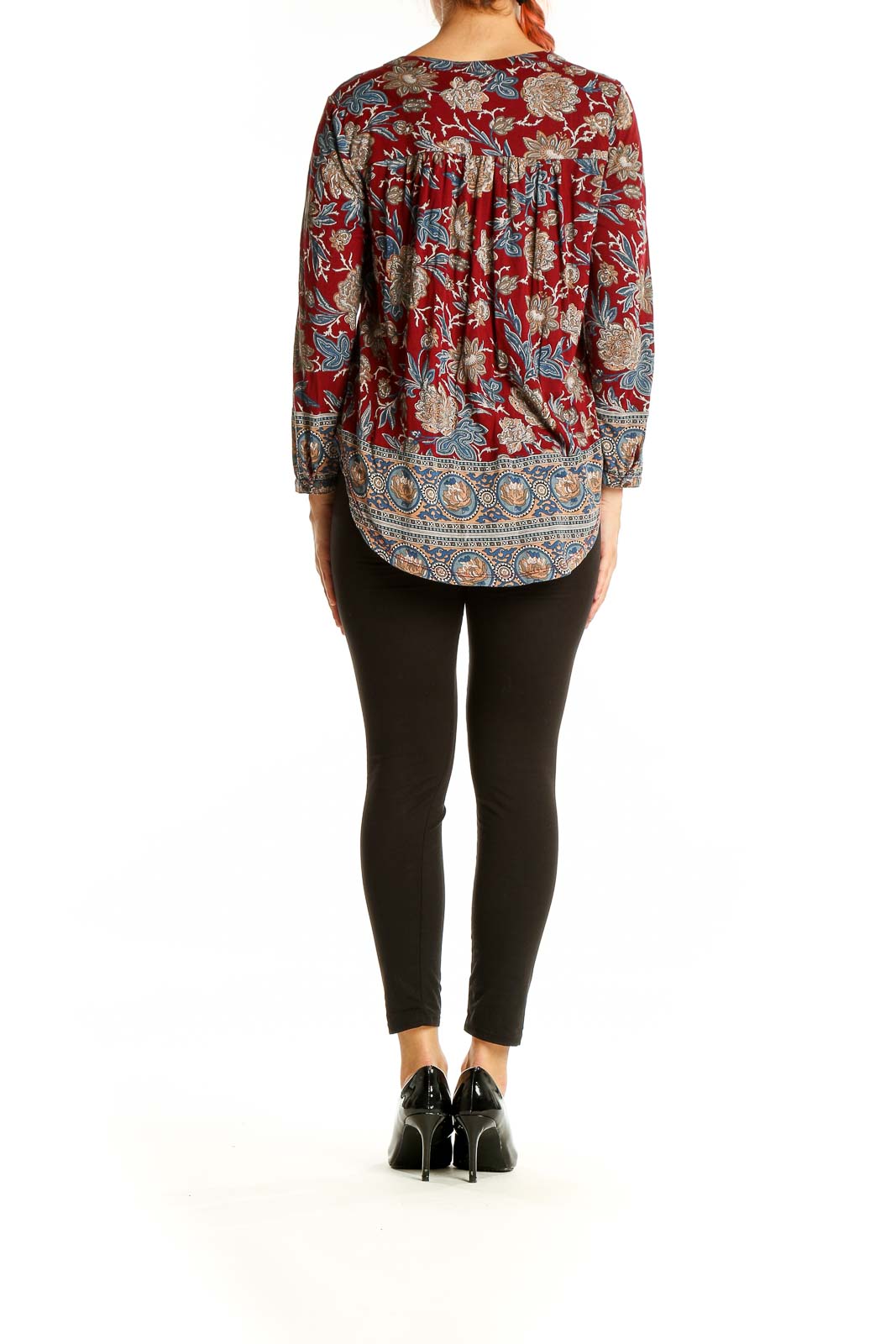 Back view of Lucky Brand red floral paisley blouse showing gathered detail