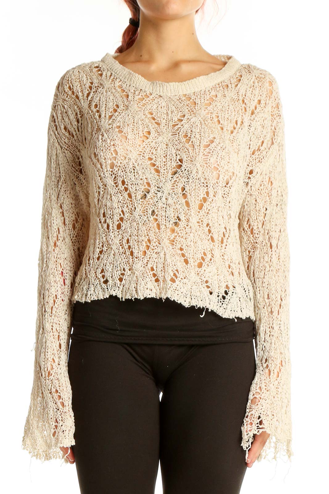 Front view of SilkRoll cream openwork knit cropped sweater