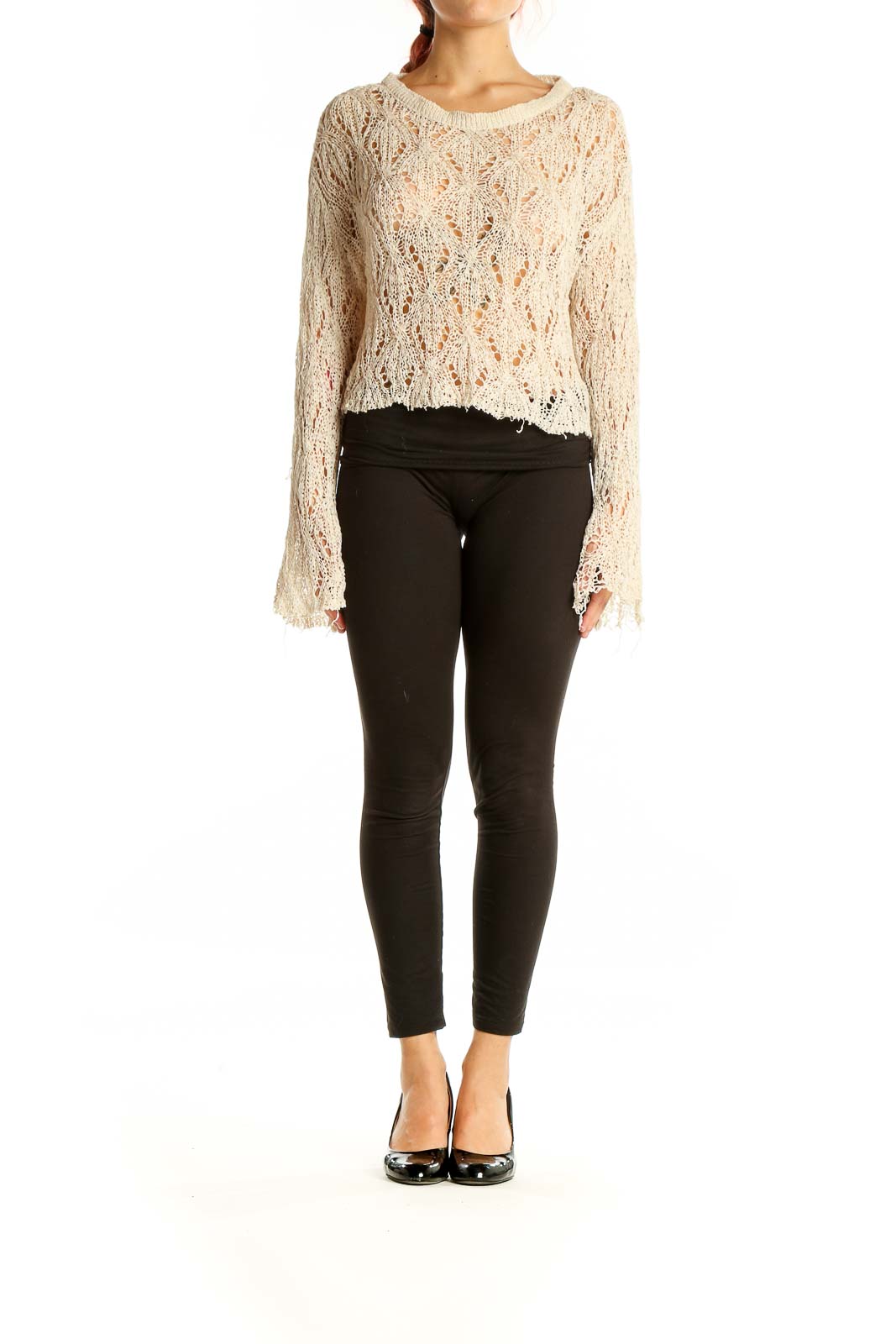 Front view of SilkRoll cream openwork knit cropped sweater