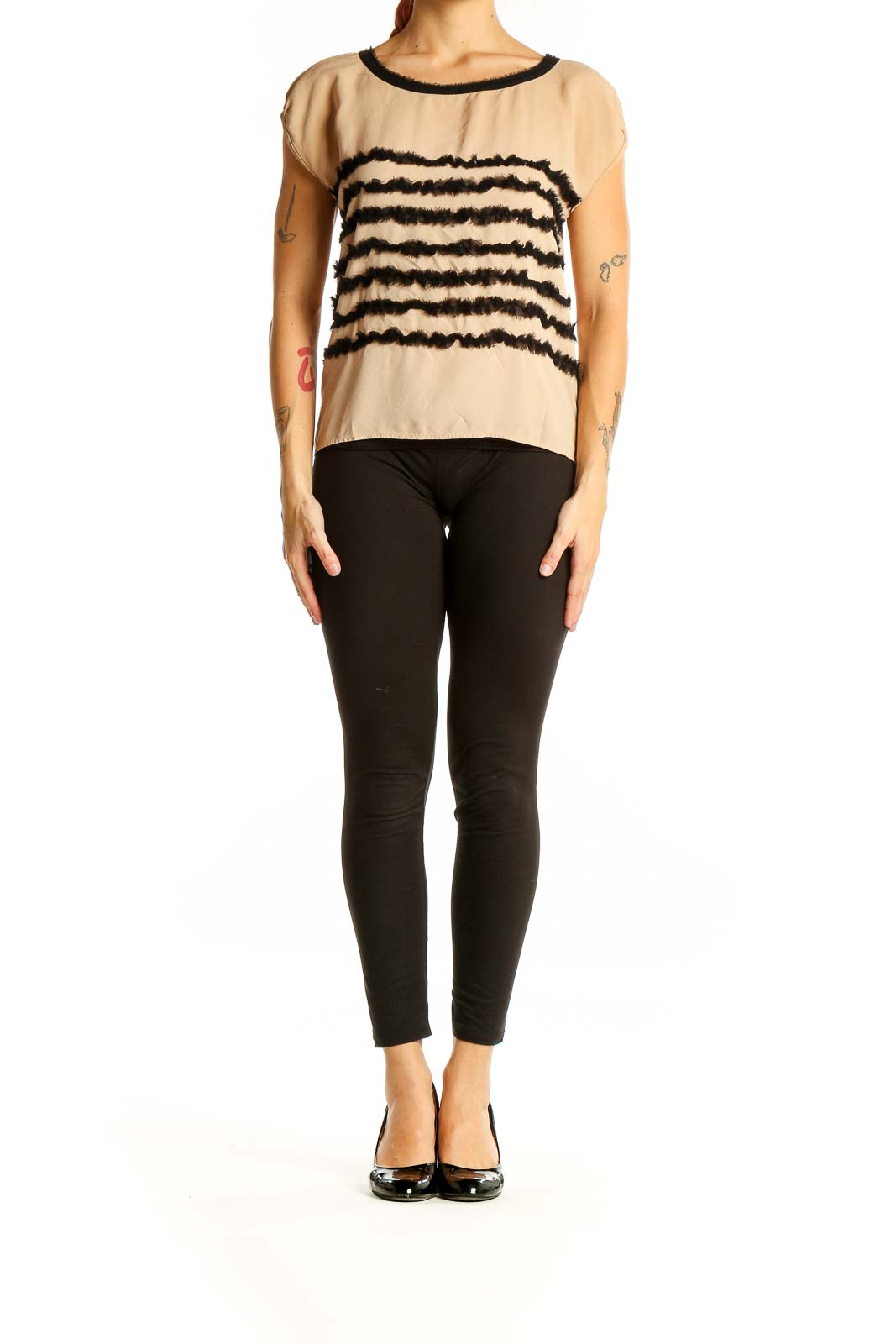 Front view of Mcginn beige cap sleeve blouse with black stripes