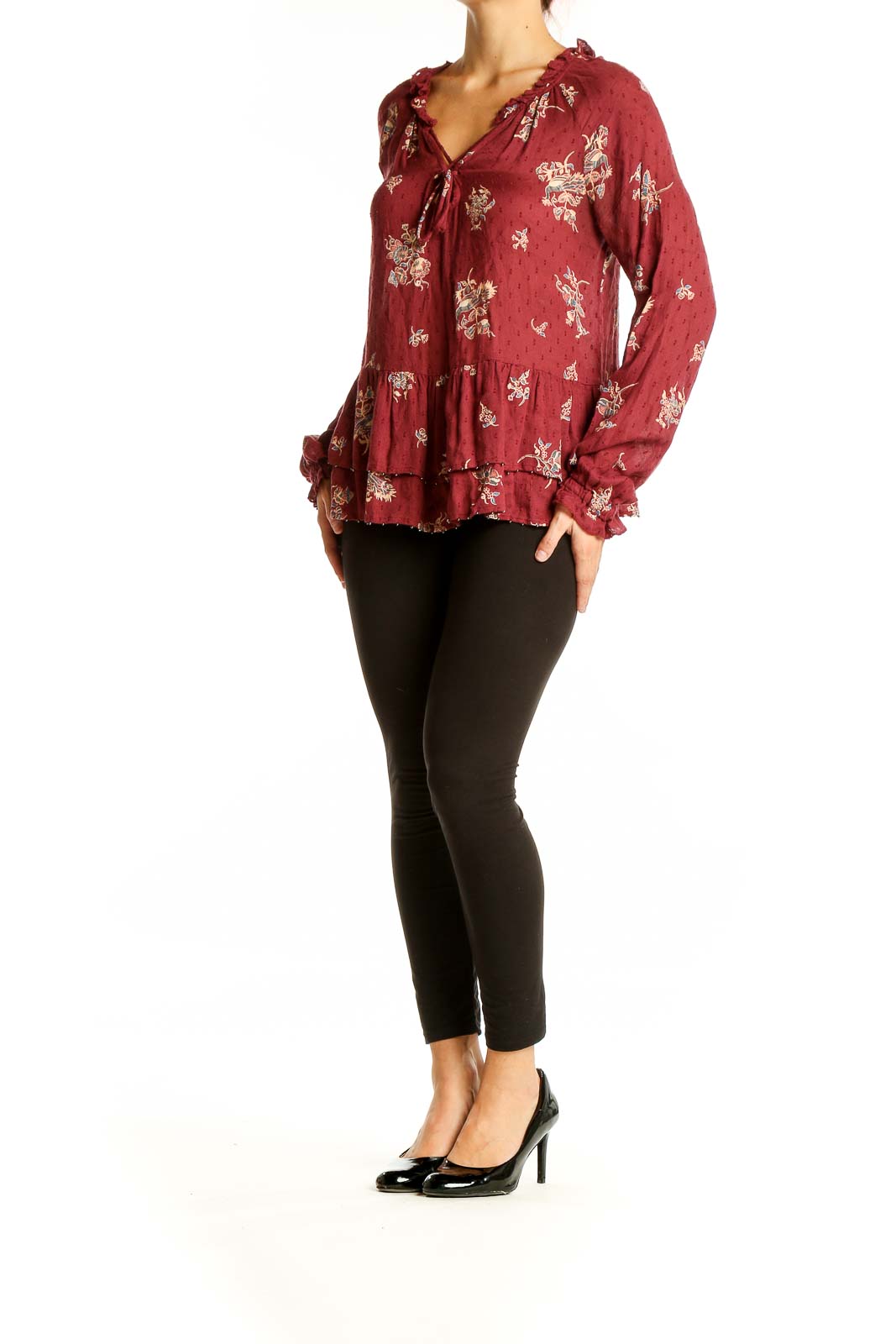 Front view of William Rast burgundy floral print peplum blouse with tie-front neckline