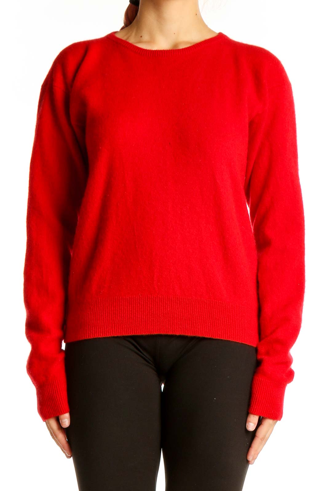 Front view of red Ralph Lauren cashmere crewneck sweater