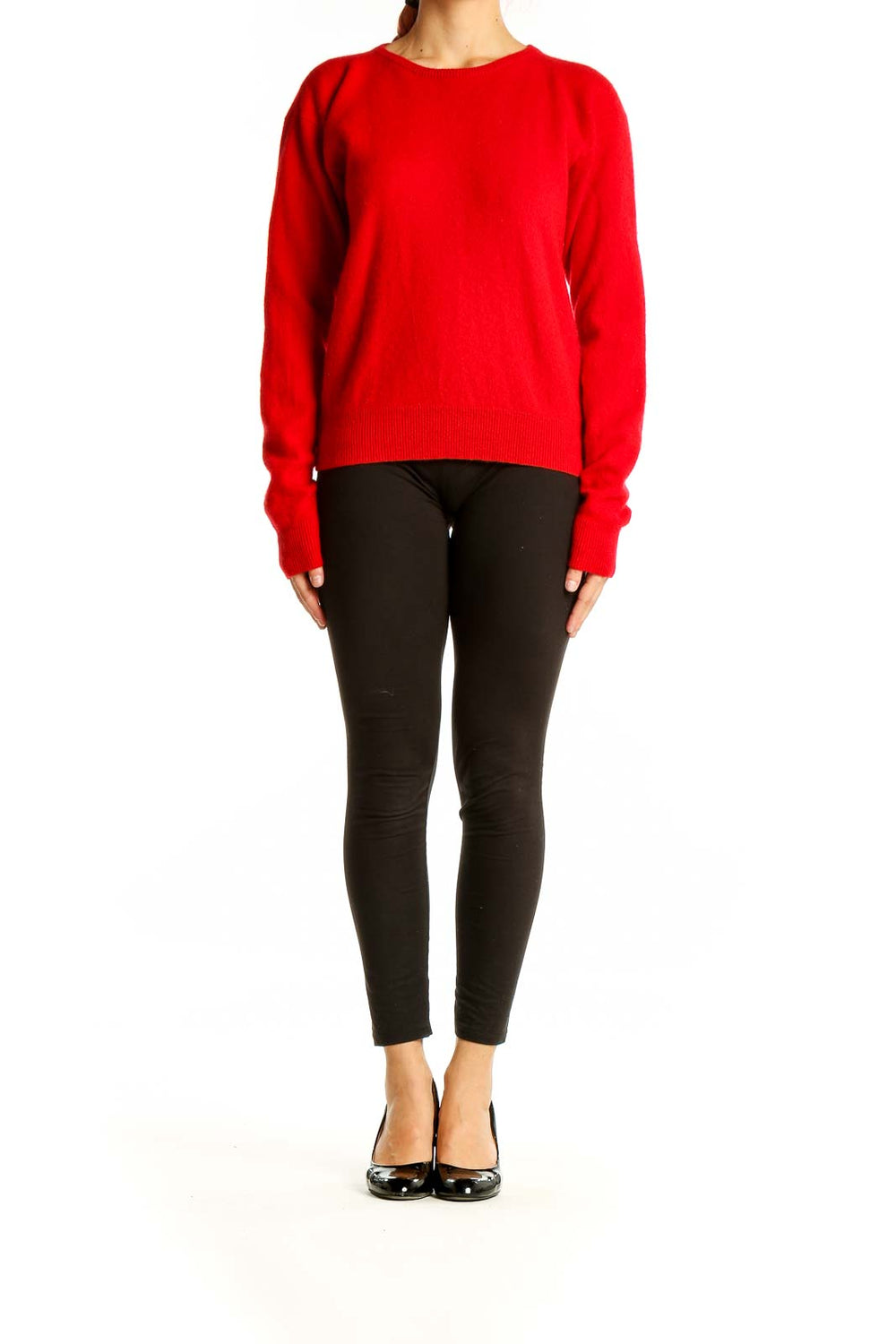 Front view of red Ralph Lauren cashmere crewneck sweater