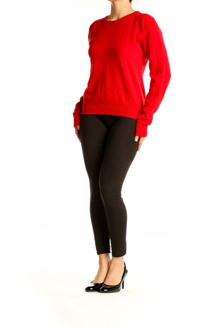 Front view of red Ralph Lauren cashmere crewneck sweater