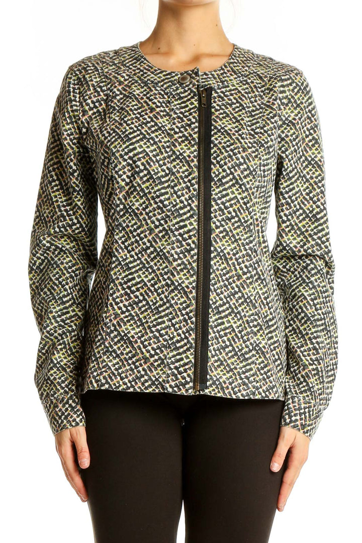 Front view of Cabi green patterned zip-up jacket with abstract design