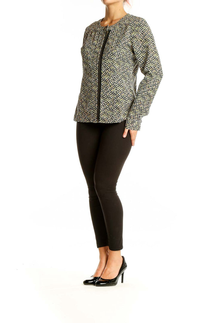 Front view of Cabi green patterned zip-up jacket with abstract design