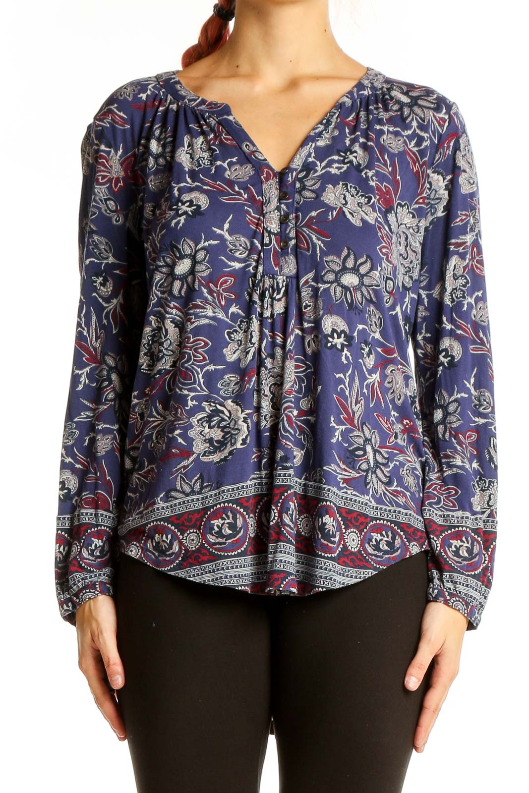 Front view of Lucky Brand navy floral print peasant blouse with V-neckline