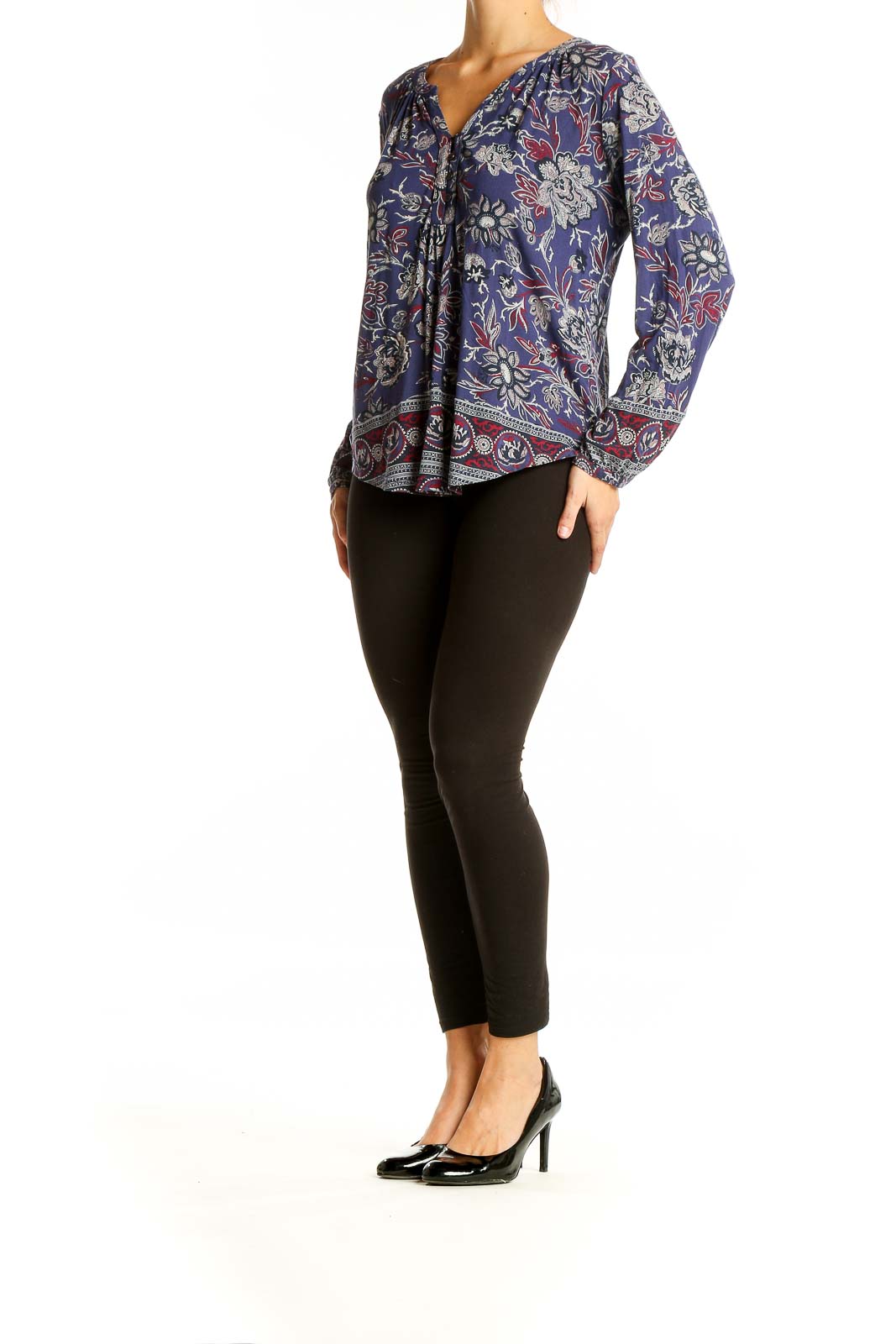 Front view of Lucky Brand navy floral print peasant blouse with V-neckline