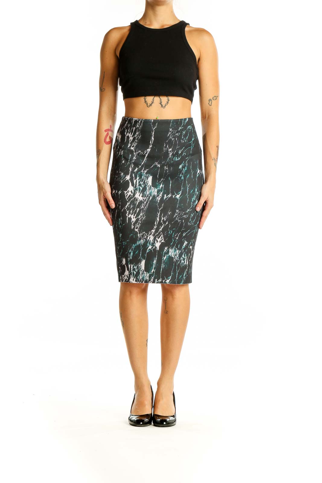 Black Green Marble Print Skirt