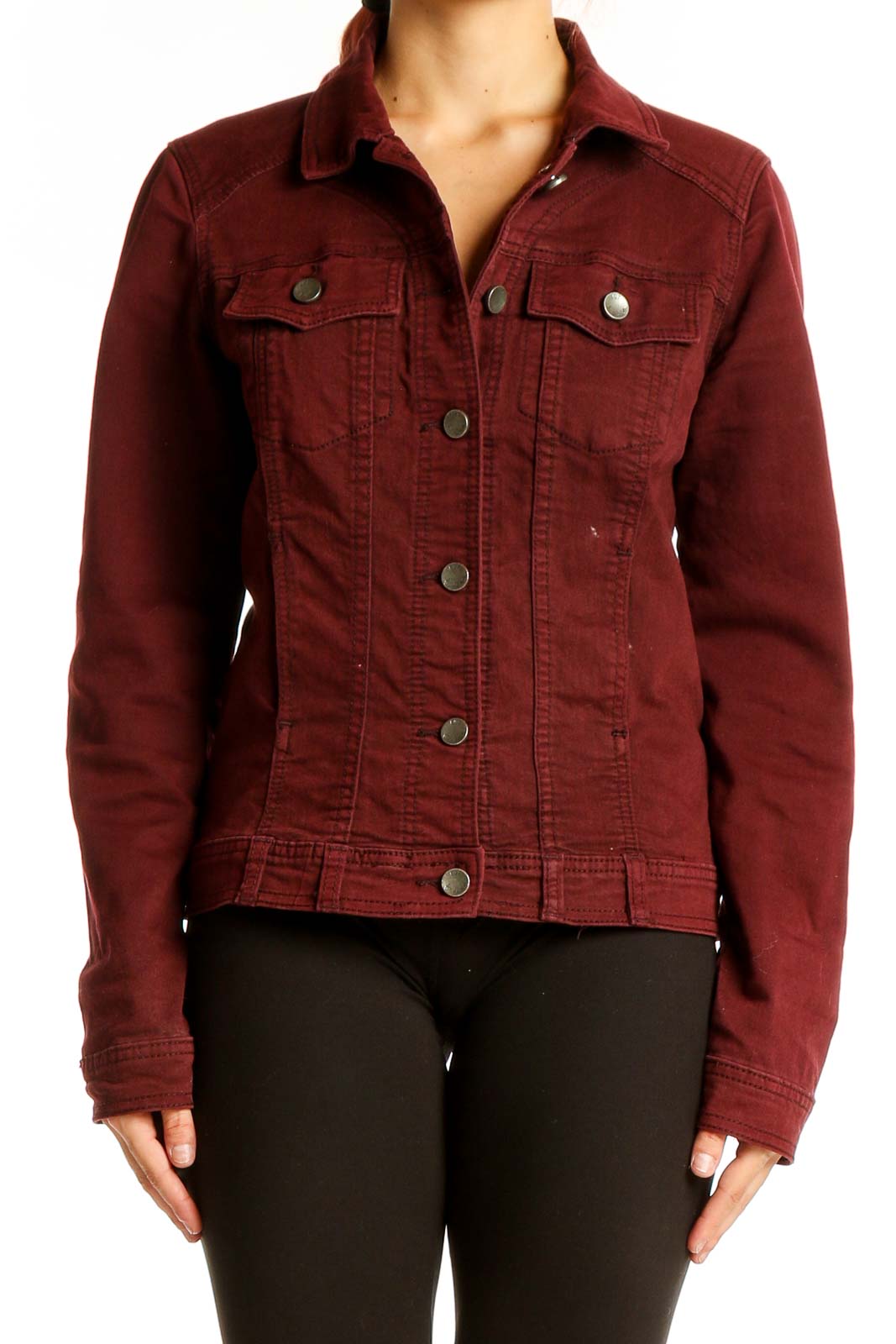 Front view of burgundy denim jacket from KUT from the Kloth