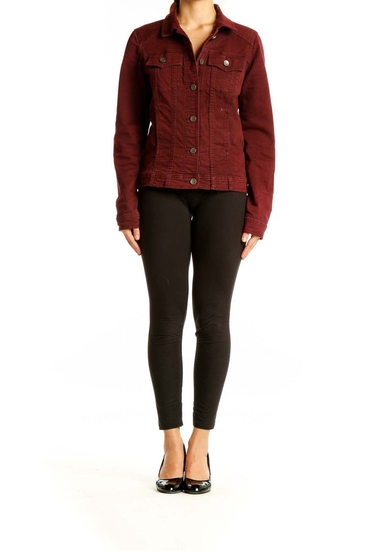 Front view of burgundy denim jacket from KUT from the Kloth