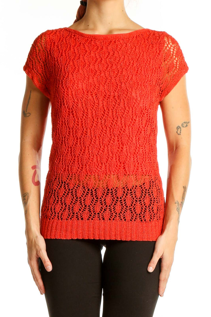 Front view of Evan Picone red lace knit short sleeve top