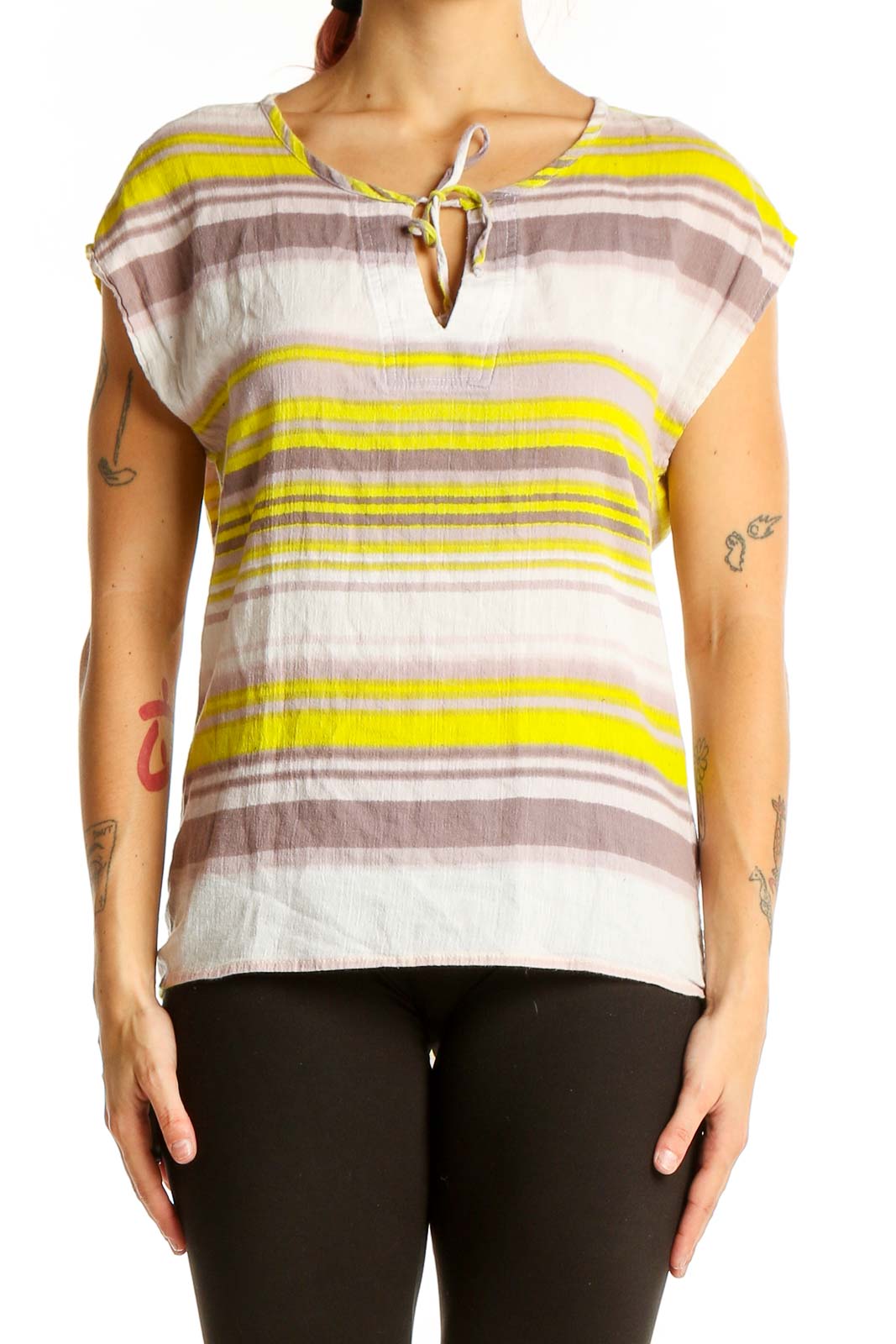 Front view of Splendid Yellow Striped Cotton Cap Sleeve Top with tie neckline