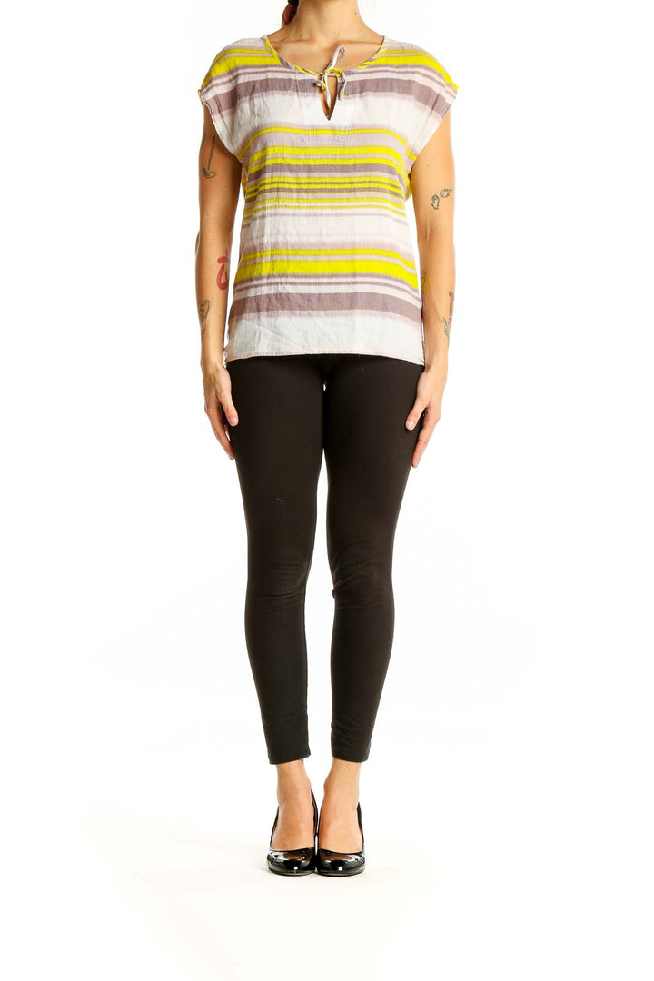 Front view of Splendid Yellow Striped Cotton Cap Sleeve Top with tie neckline