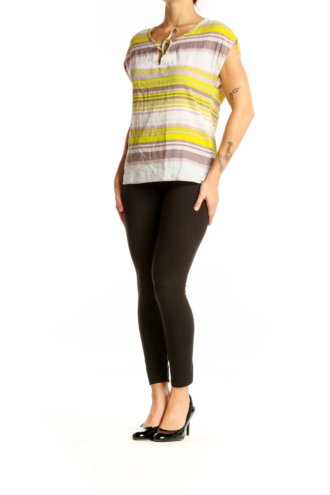 Front view of Splendid Yellow Striped Cotton Cap Sleeve Top with tie neckline