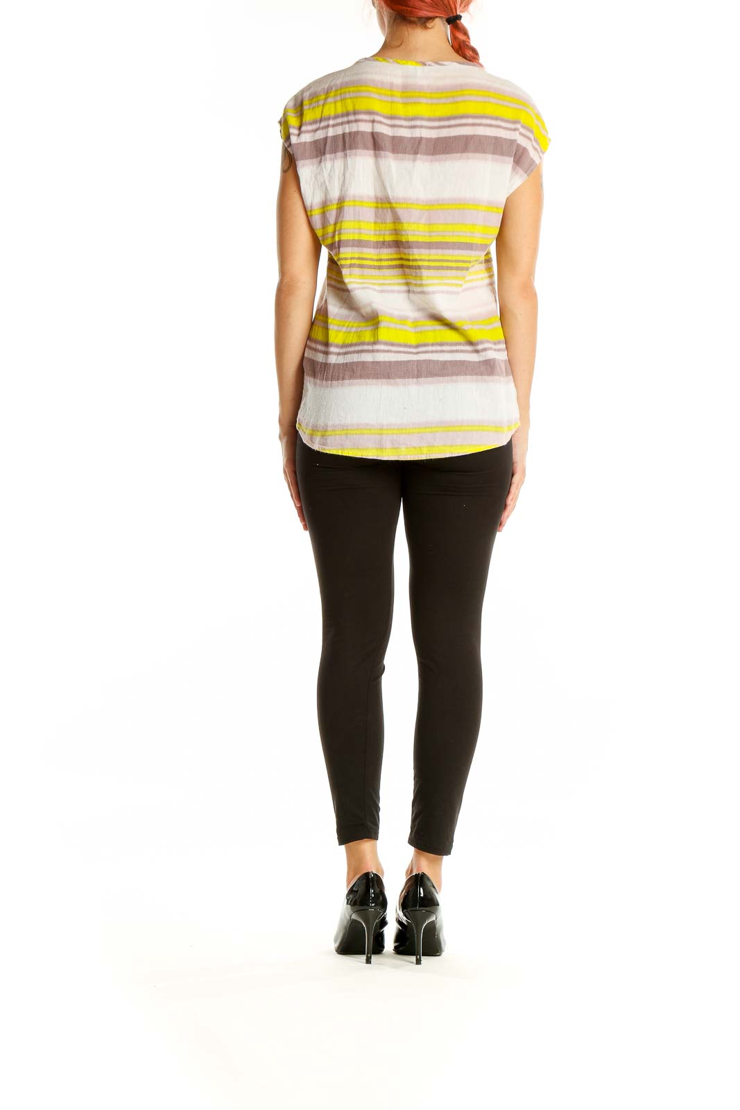 Back view of Splendid Yellow Striped Cotton Cap Sleeve Top showing relaxed fit