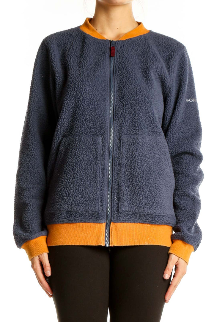 Front view of Columbia navy fleece activewear jacket with orange trim