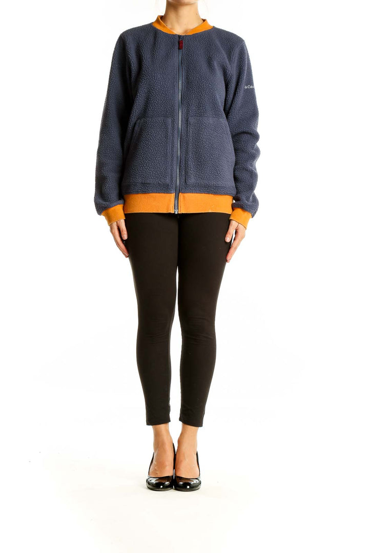 Front view of Columbia navy fleece activewear jacket with orange trim