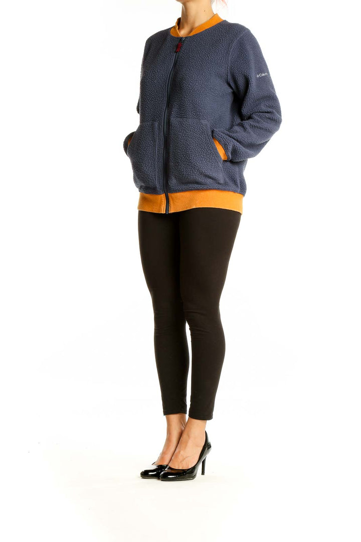 Front view of Columbia navy fleece activewear jacket with orange trim