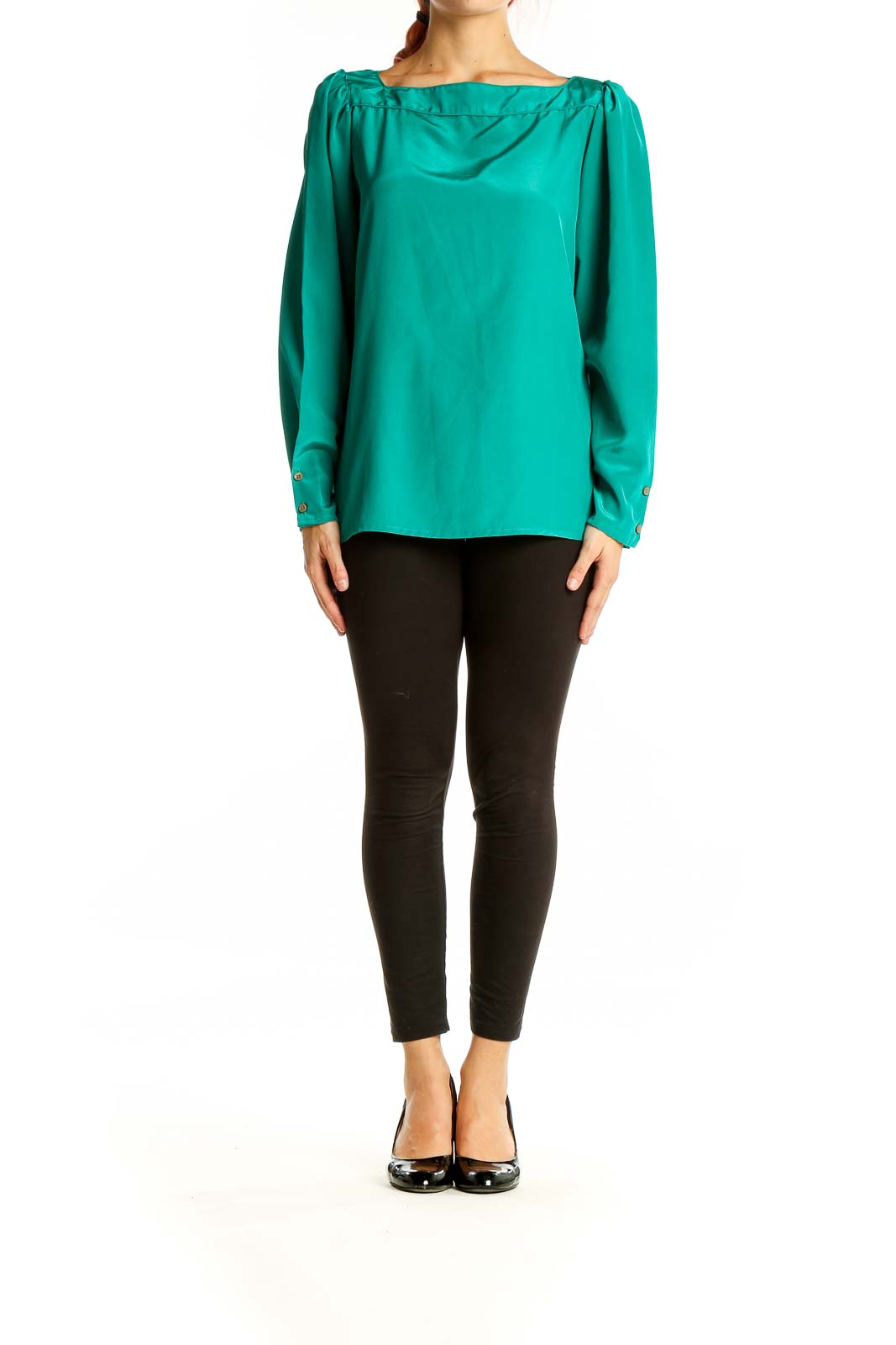 Front view of emerald green Regina Porter long-sleeve blouse with boat neckline