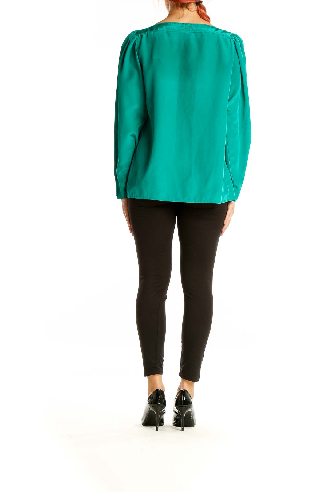 Back view of emerald green Regina Porter long-sleeve blouse showing relaxed fit