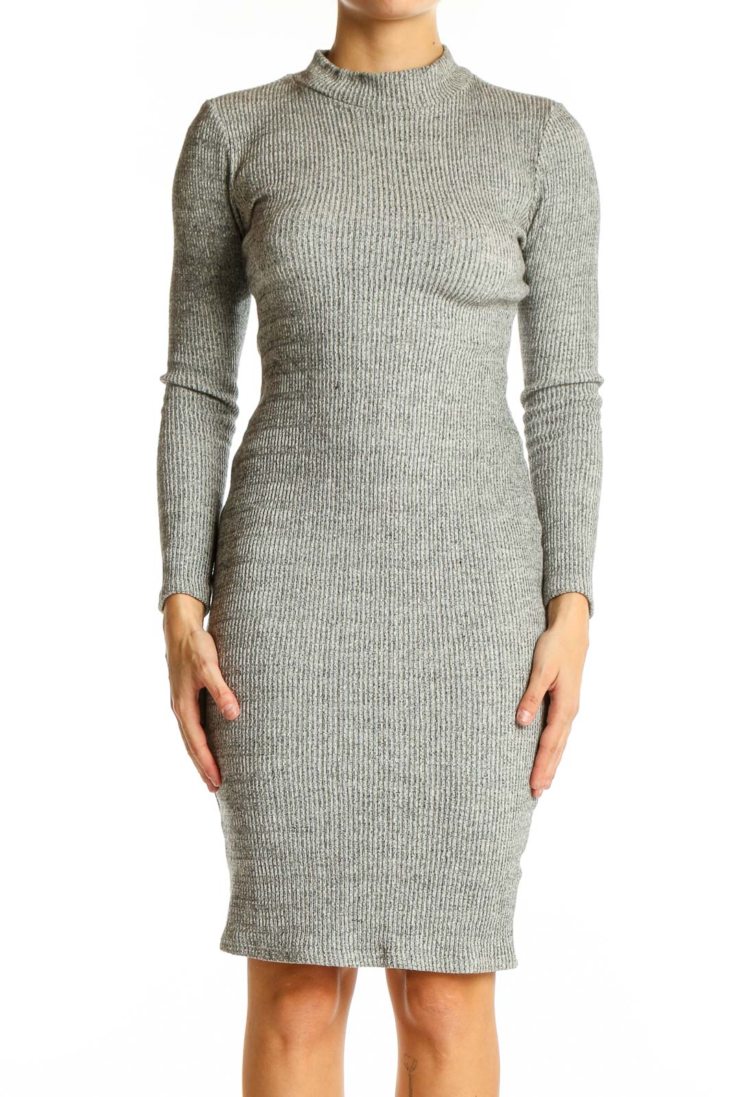 Front view of Lulu's gray ribbed bodycon midi dress