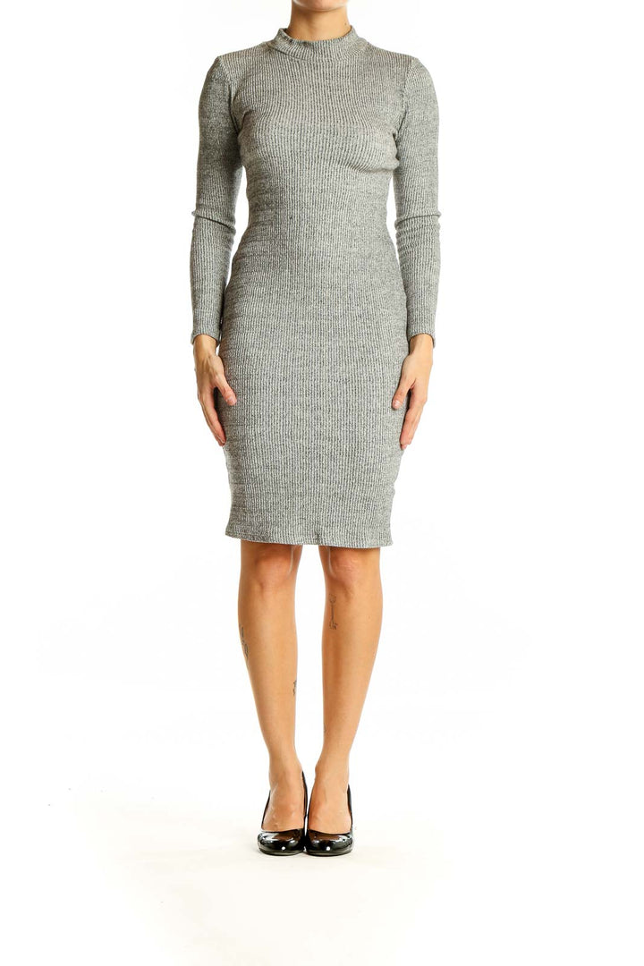 Front view of Lulu's gray ribbed bodycon midi dress