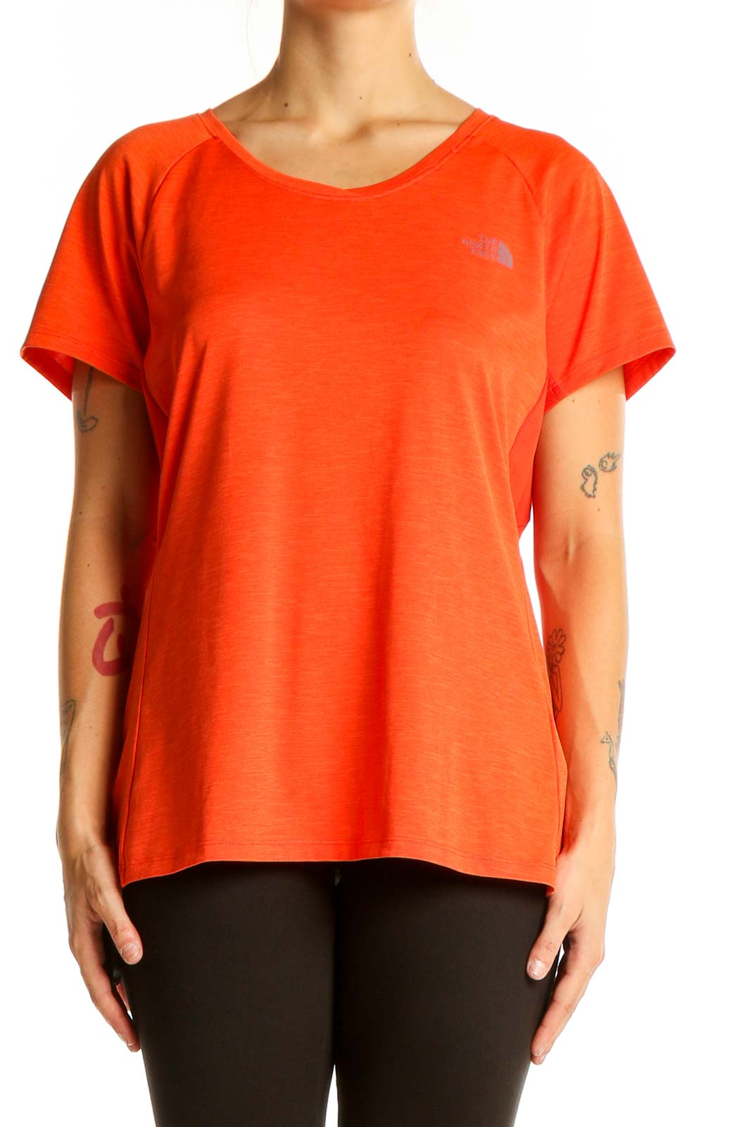 Front view of The North Face orange polyester athletic t-shirt