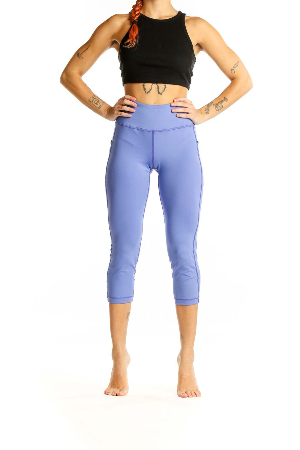 Front view of SUGOI periwinkle high-waisted capri activewear leggings