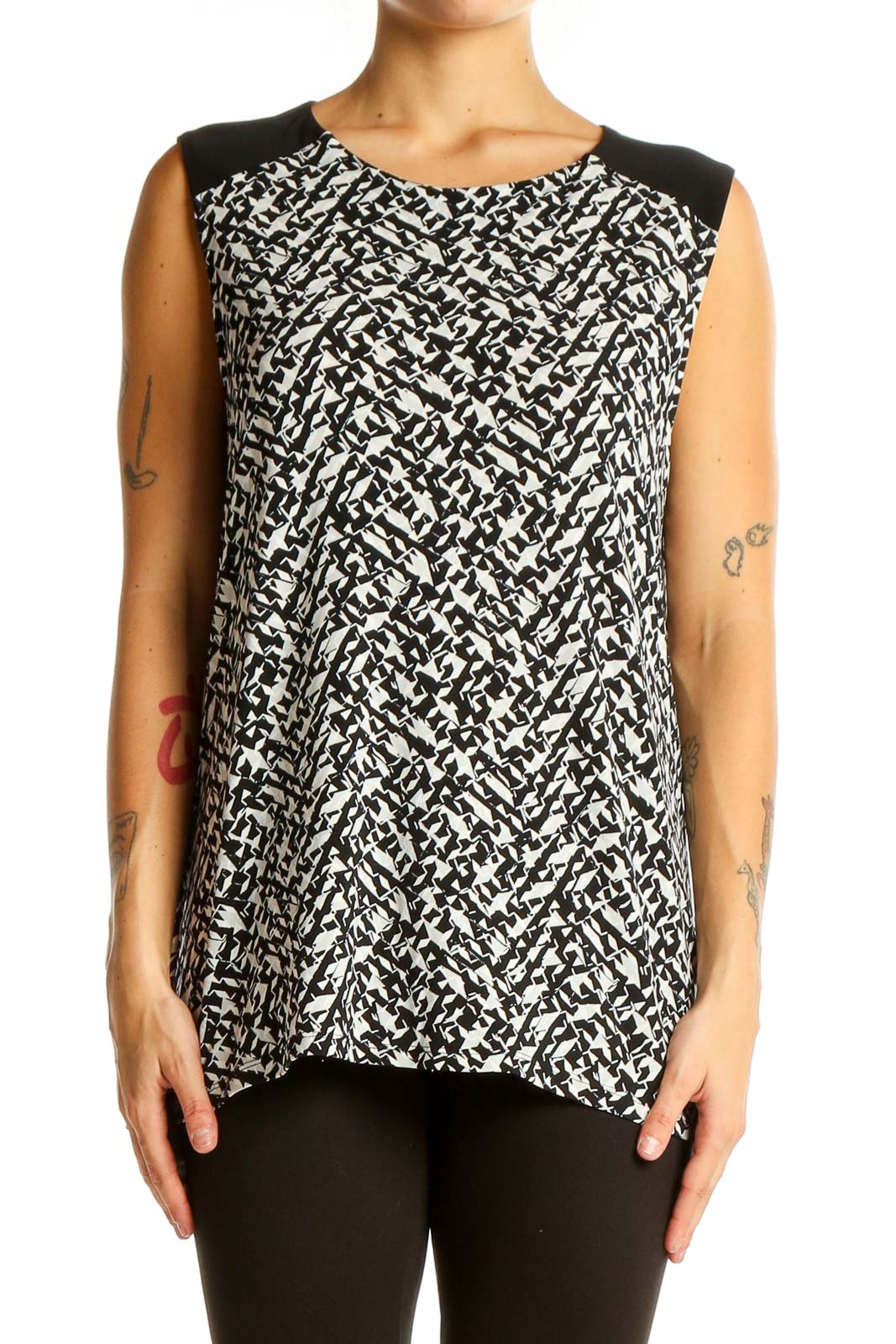 Front view of Vince Camuto black and white abstract print sleeveless top