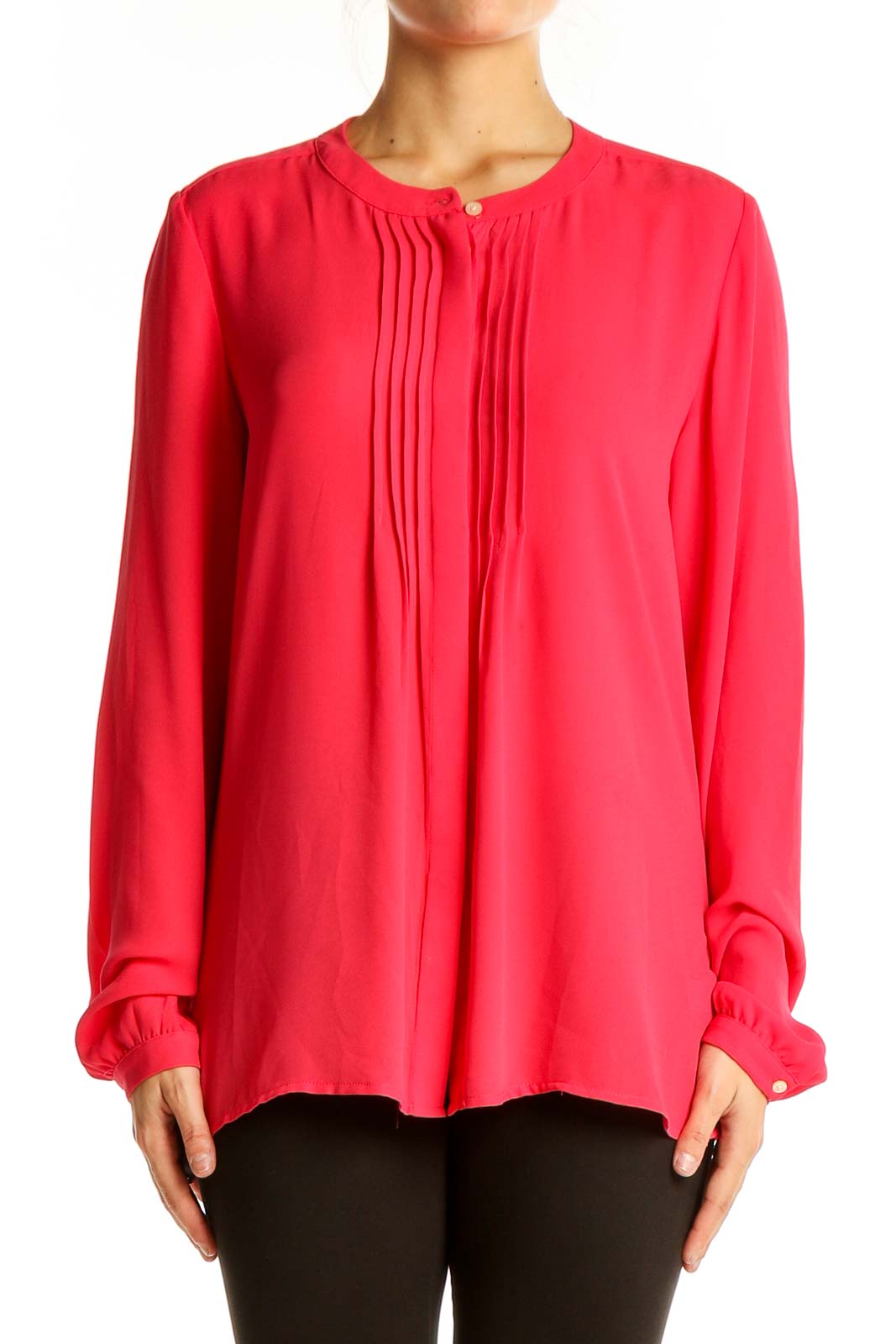 Front view of red pleated Banana Republic blouse with long sleeves