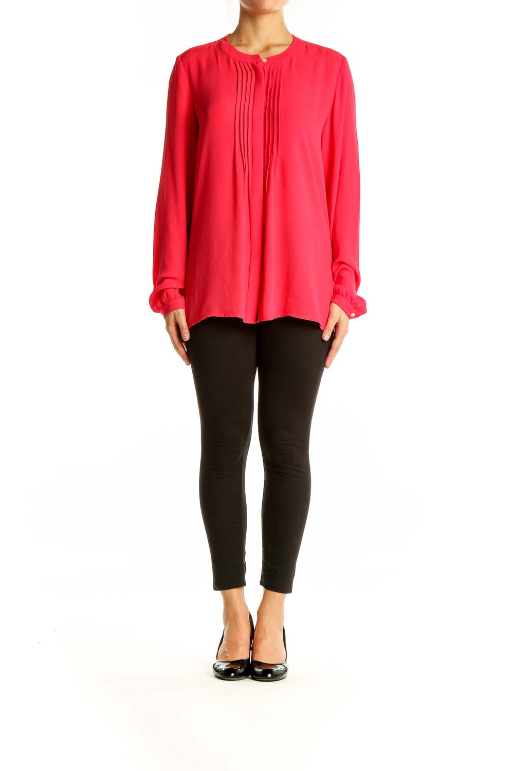 Front view of red pleated Banana Republic blouse with long sleeves