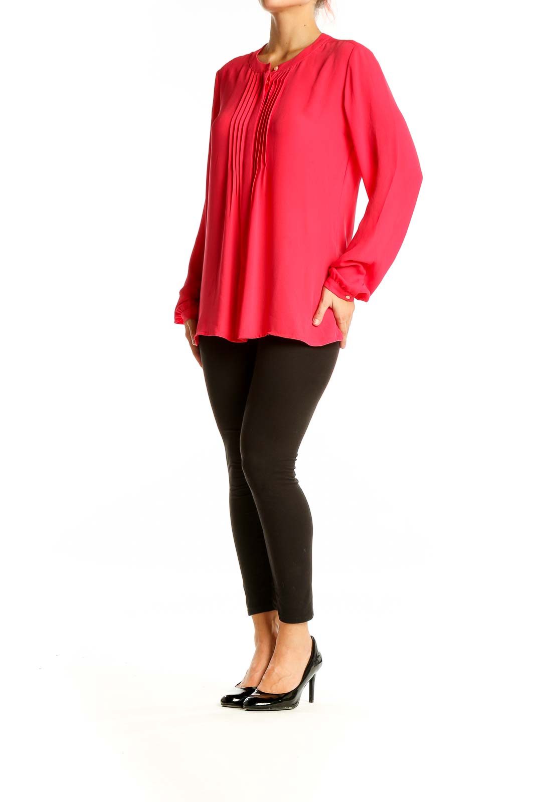 Front view of red pleated Banana Republic blouse with long sleeves