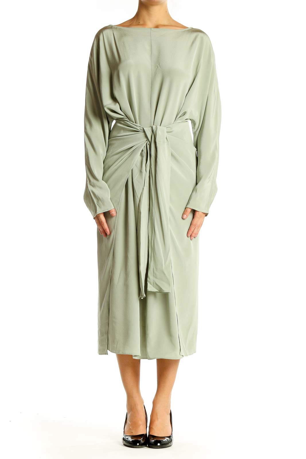 Front view of MM. LaFleur sage green silk wrap midi dress with long sleeves