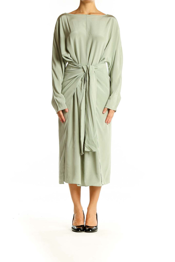 Front view of MM. LaFleur sage green silk wrap midi dress with long sleeves