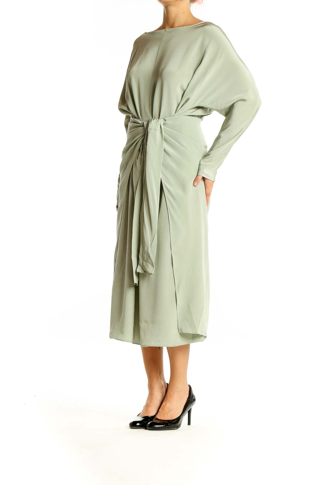 Front view of MM. LaFleur sage green silk wrap midi dress with long sleeves