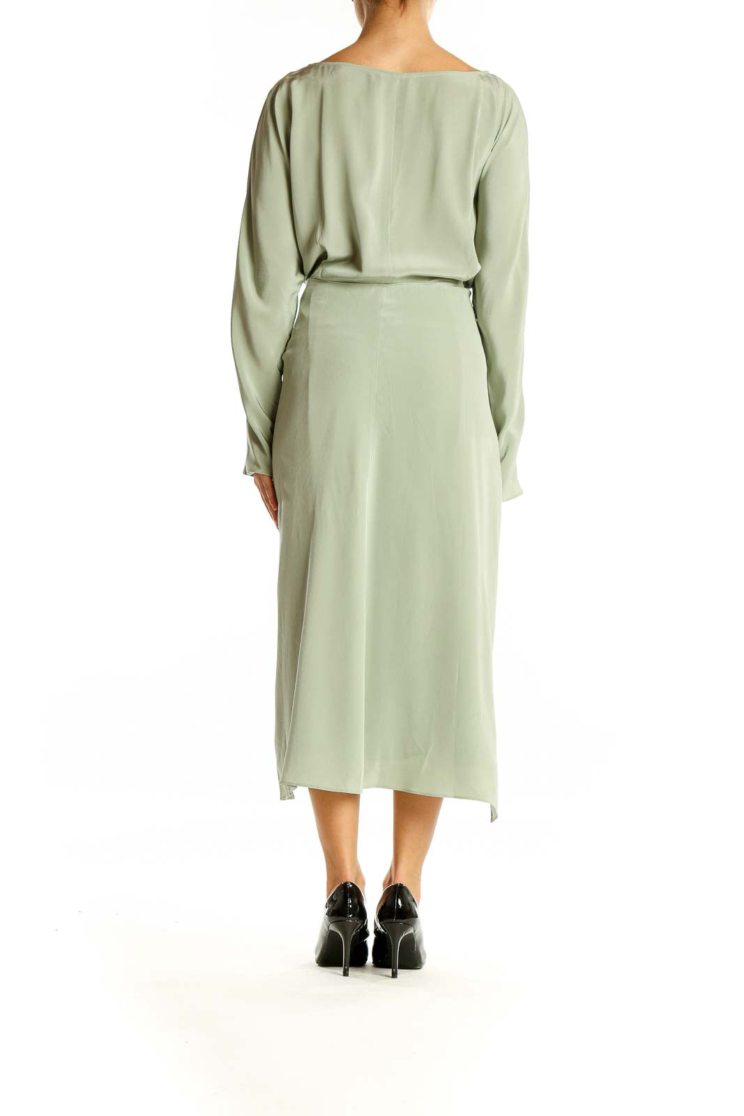 Back view of MM. LaFleur sage green silk wrap midi dress showing elegant drape