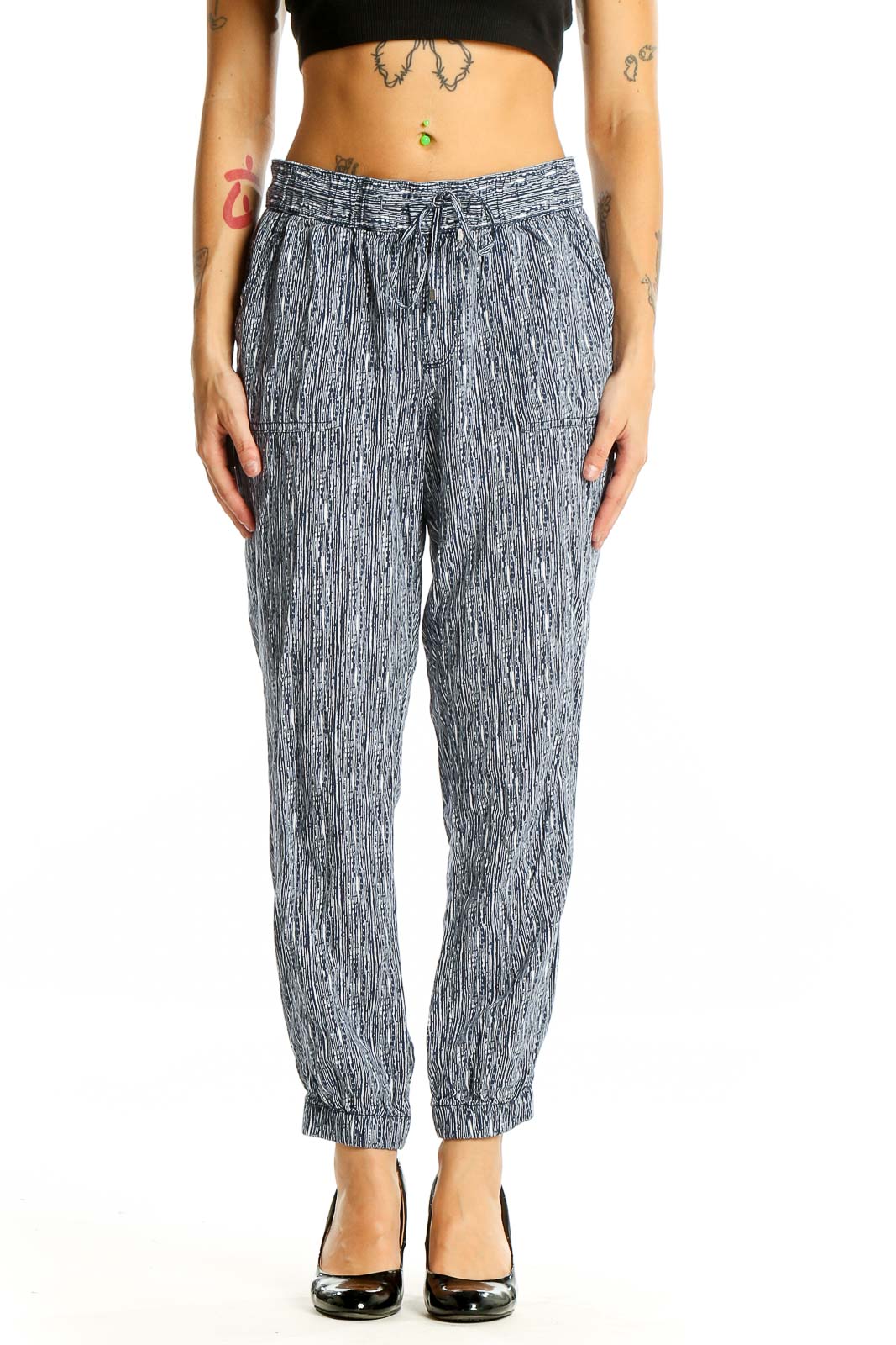 Front view of Gap gray striped viscose jogger pants