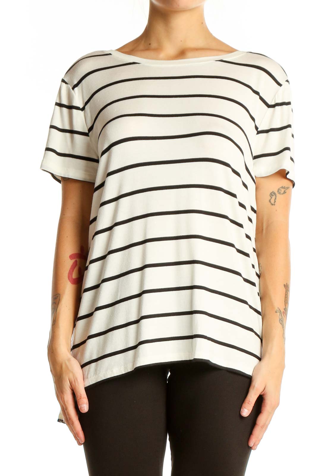 Front view of Halogen white and black striped short sleeve top on model