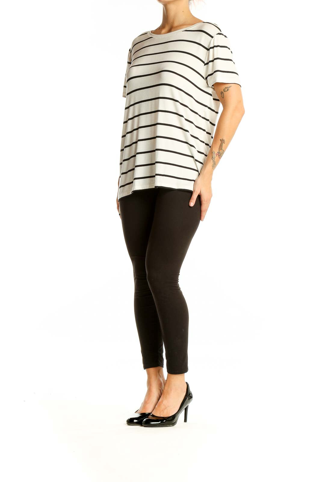 Front view of Halogen white and black striped short sleeve top on model