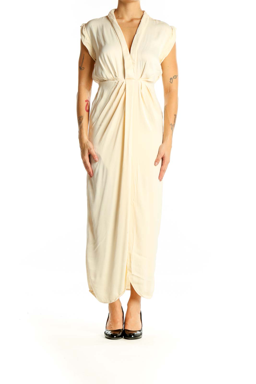 Front view of cream Anthropologie maxi dress with V-neck and gathered waist