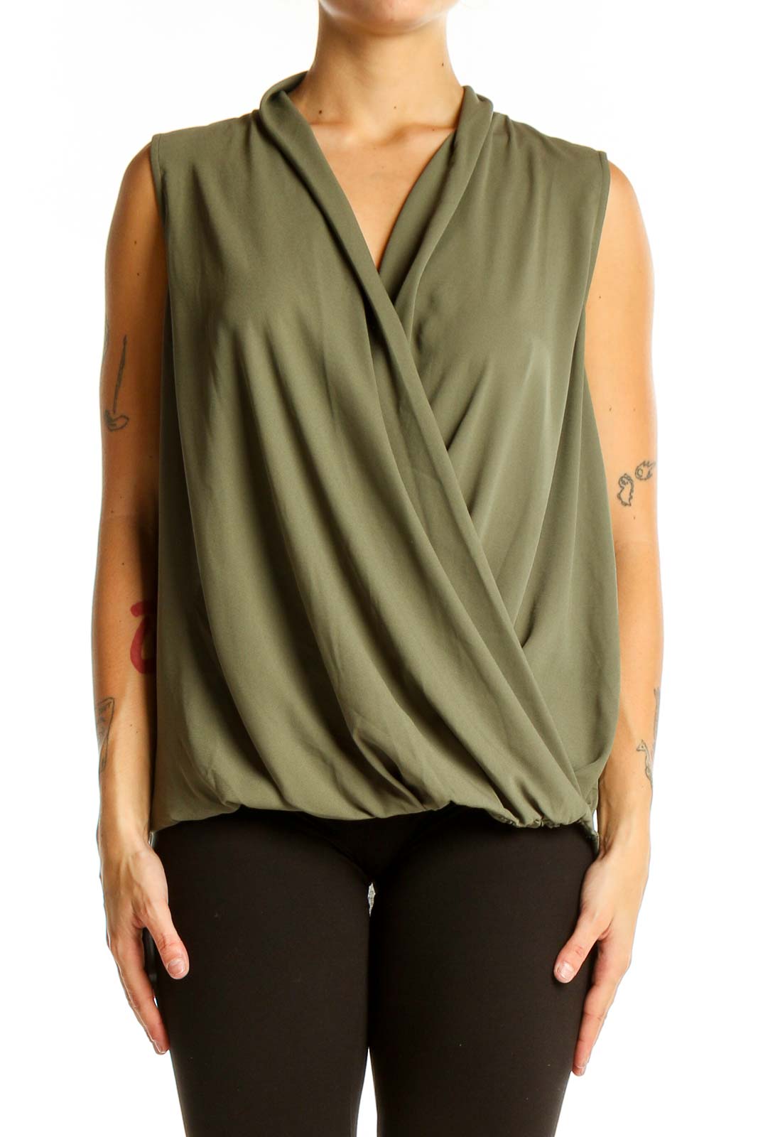 Front view of olive sleeveless wrap blouse from LOFT Outlet