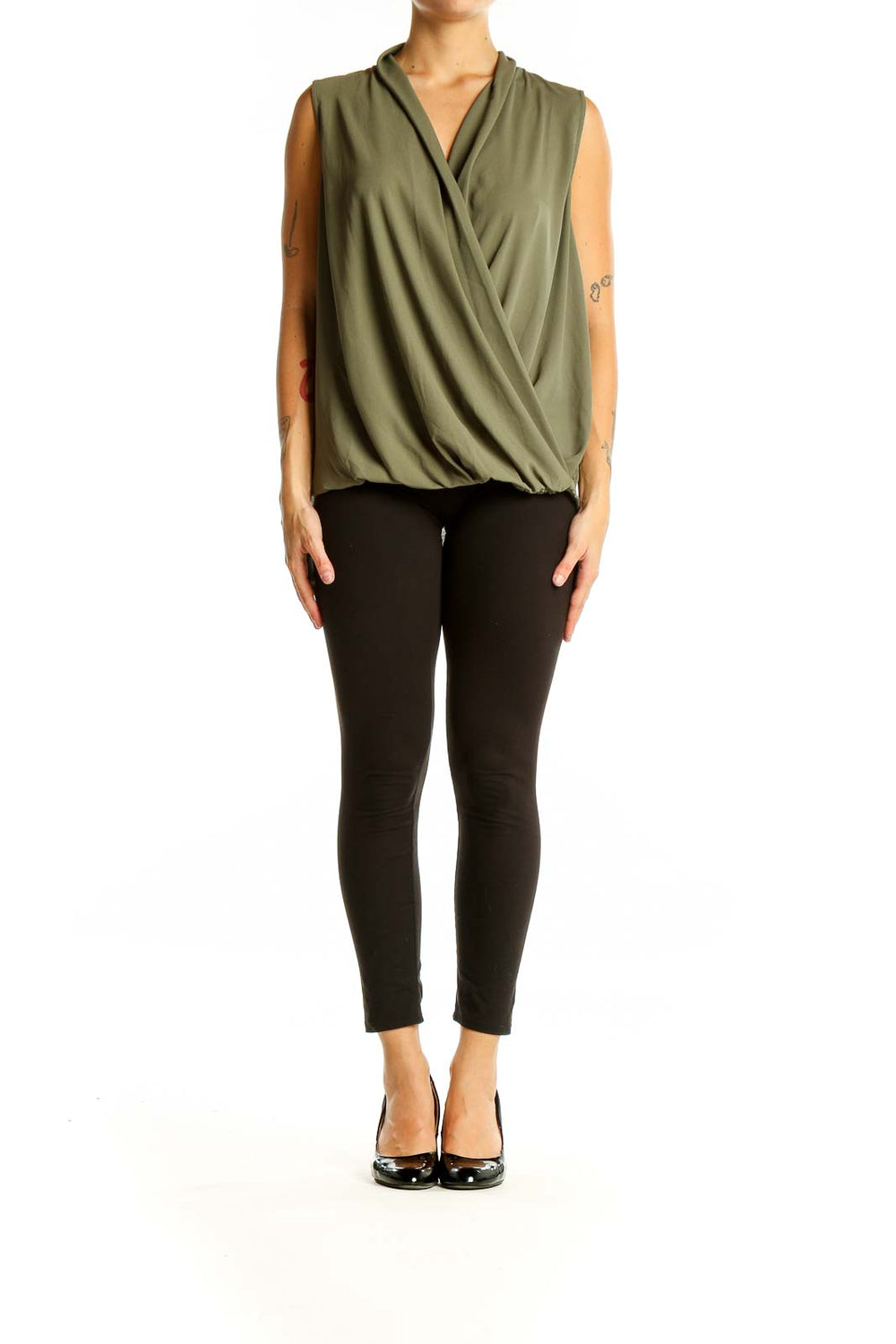 Front view of olive sleeveless wrap blouse from LOFT Outlet