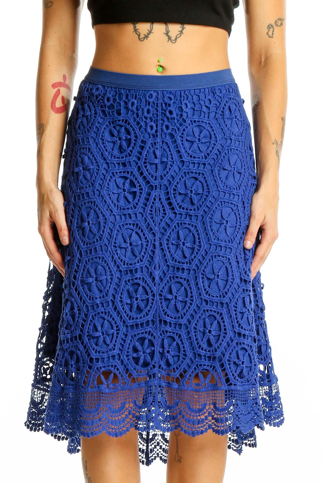 Front view of Ella Moss Royal Blue Crochet Lace Midi Skirt with intricate floral pattern