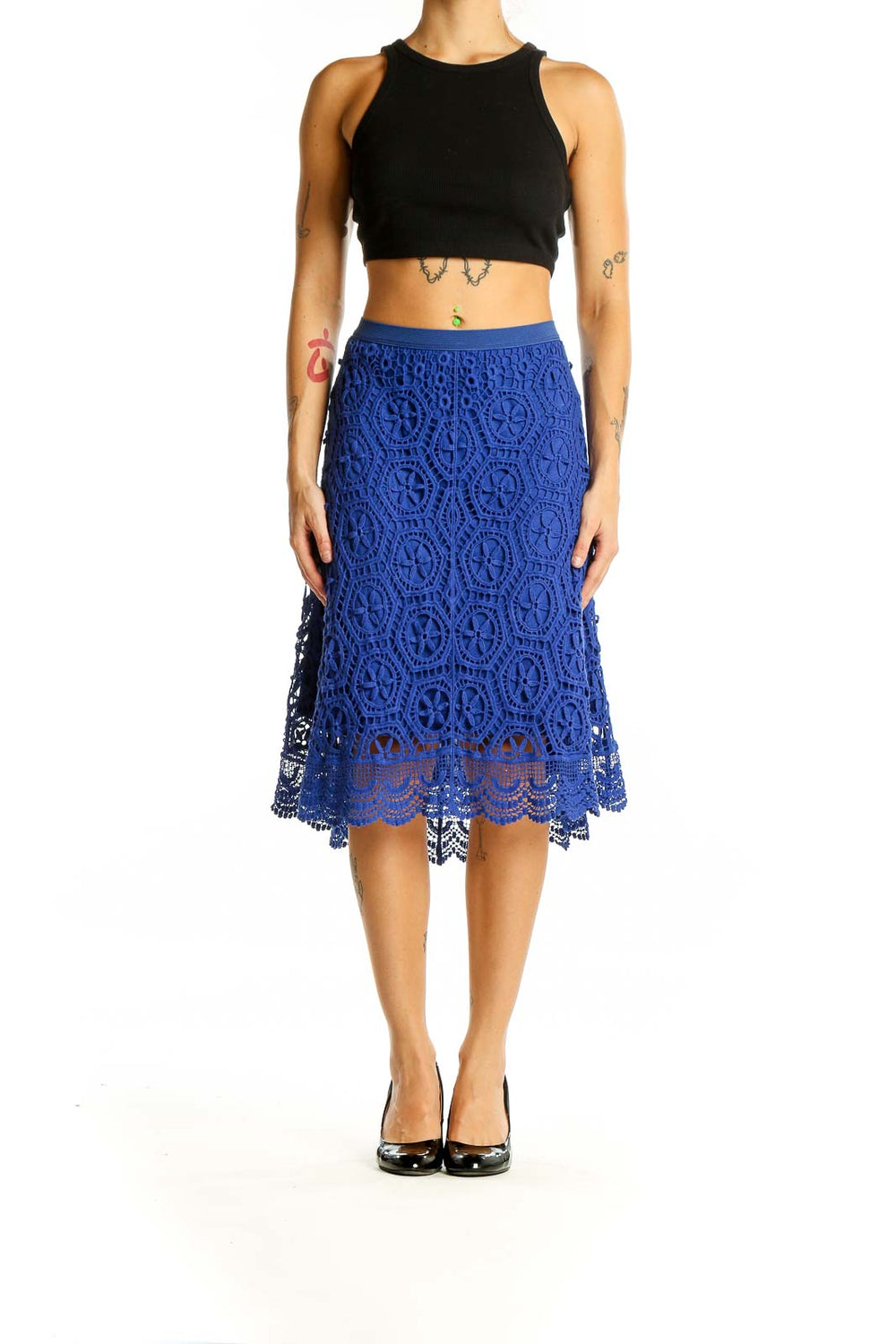 Front view of Ella Moss Royal Blue Crochet Lace Midi Skirt with intricate floral pattern