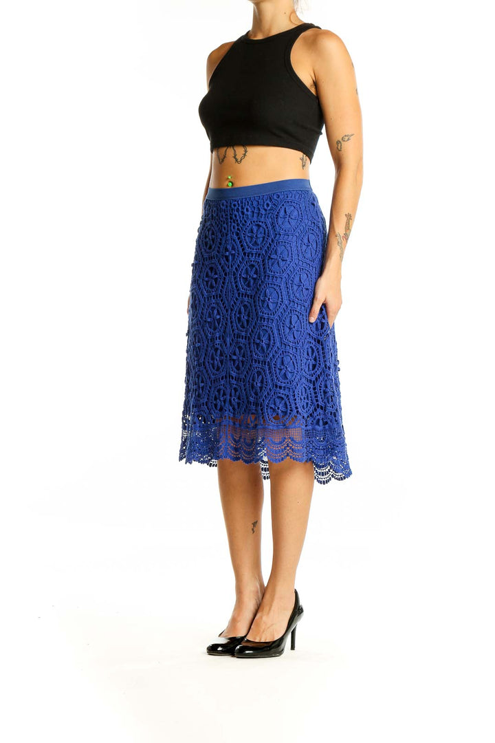 Front view of Ella Moss Royal Blue Crochet Lace Midi Skirt with intricate floral pattern