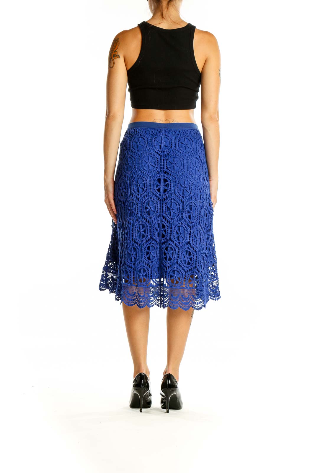 Back view of Ella Moss Royal Blue Crochet Lace Midi Skirt showing A-line silhouette and scalloped hem