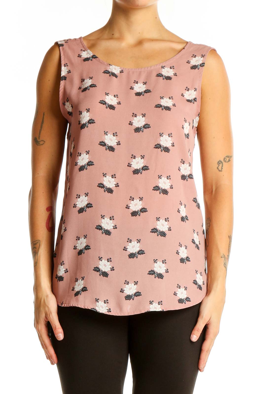 Front view of pink floral print sleeveless blouse from LOFT Outlet