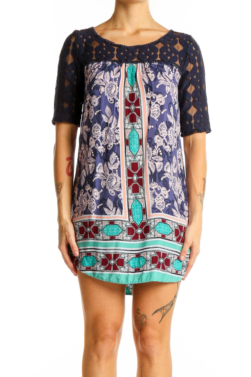 Front view of Akemi + Kin navy floral print shift dress with lace yoke